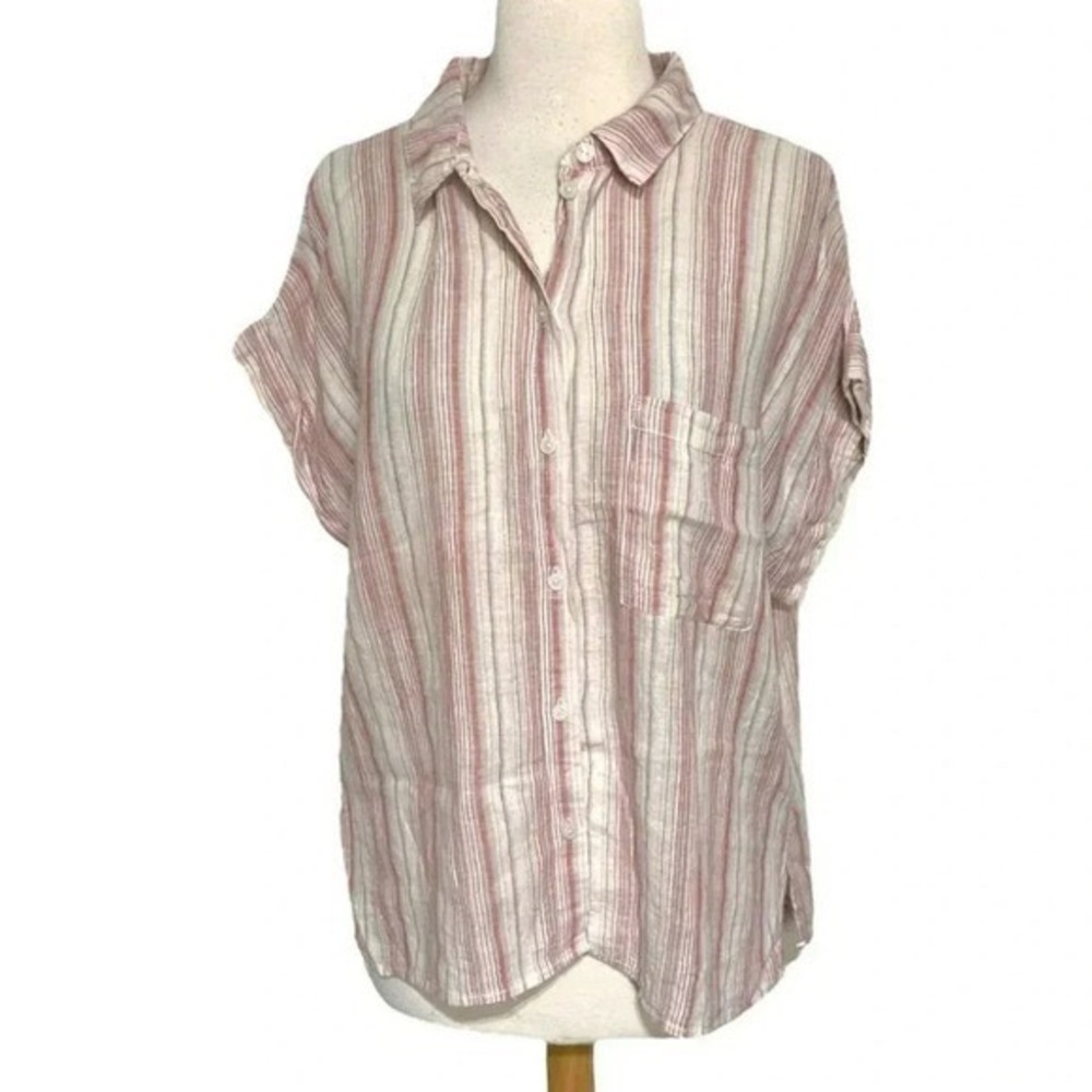 Sanctuary women XL white + rust striped button down casual short sleeve blouse